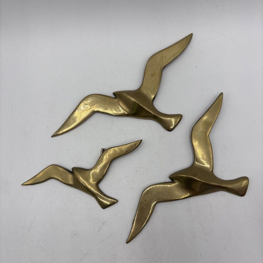 VTG MCM 3 Brass Seagulls Flying Birds Wall Hanging